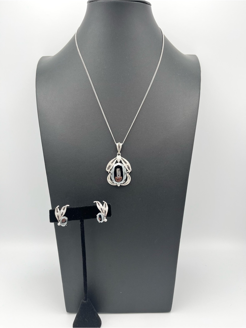 Sterling Silver Black Onyx Pendant Necklace and Earrings Set